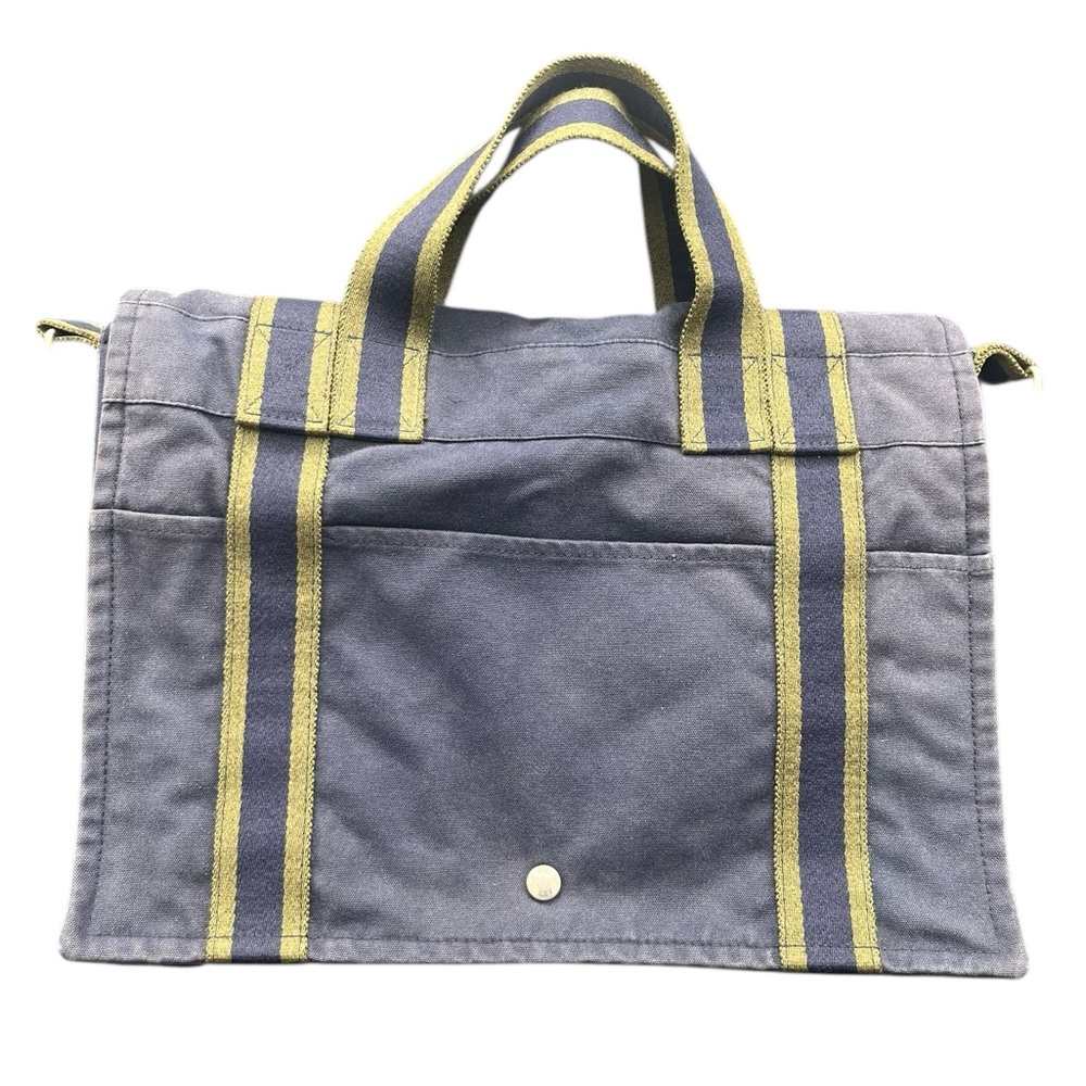 Hermès Paris Canvas Front Flap Tote in Navy Blue w/ Olive & Navy Striped Handles
